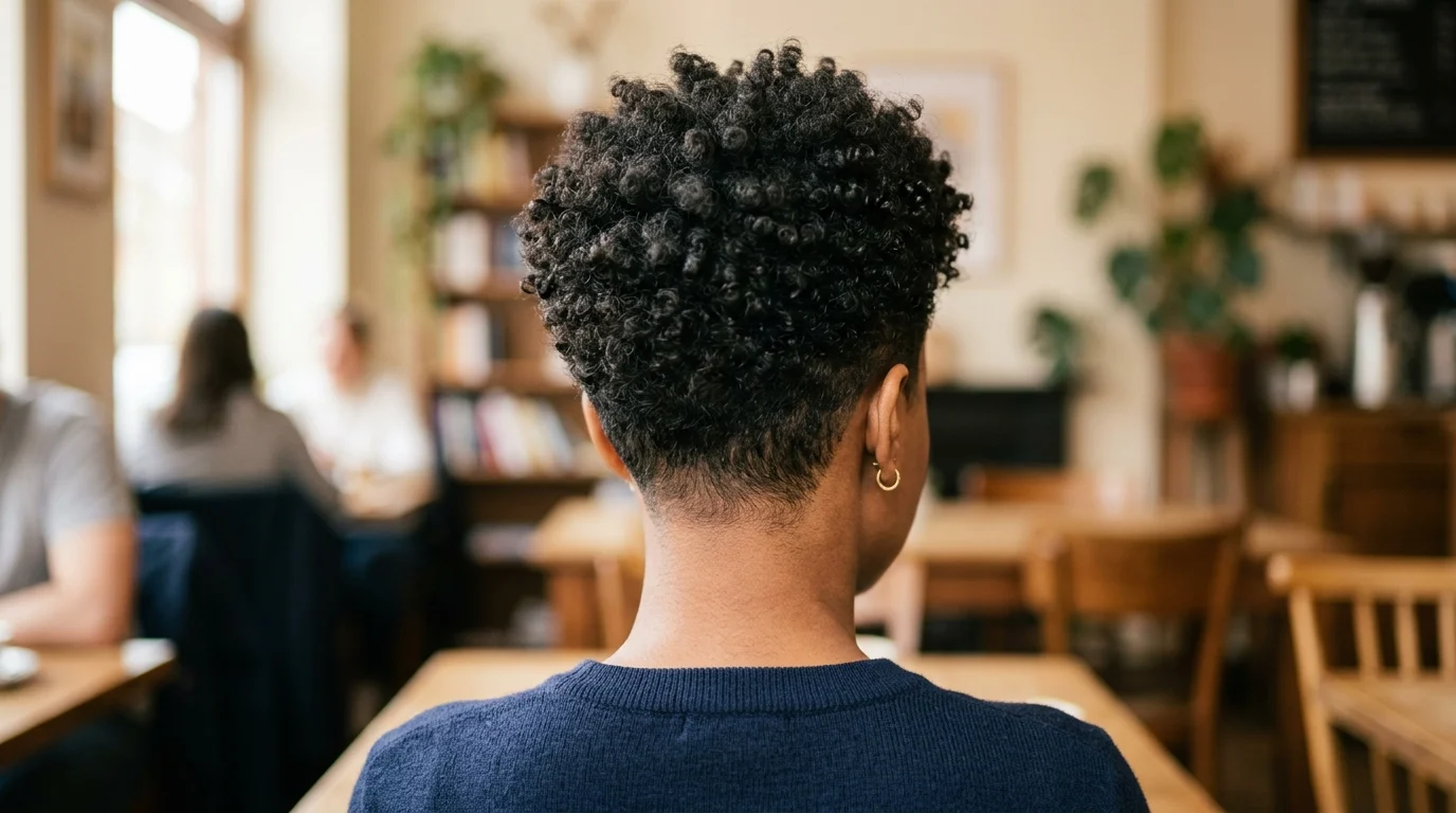 Short curly hairstyles shown as a tapered cut with close sides and a fuller top
