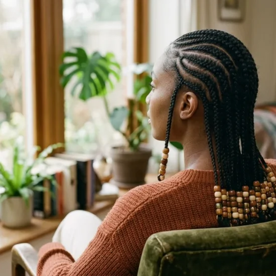 Side part fulani braids seen from behind with beads at the ends