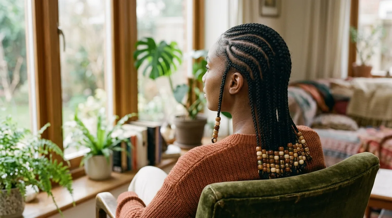 Side part fulani braids seen from behind with beads at the ends