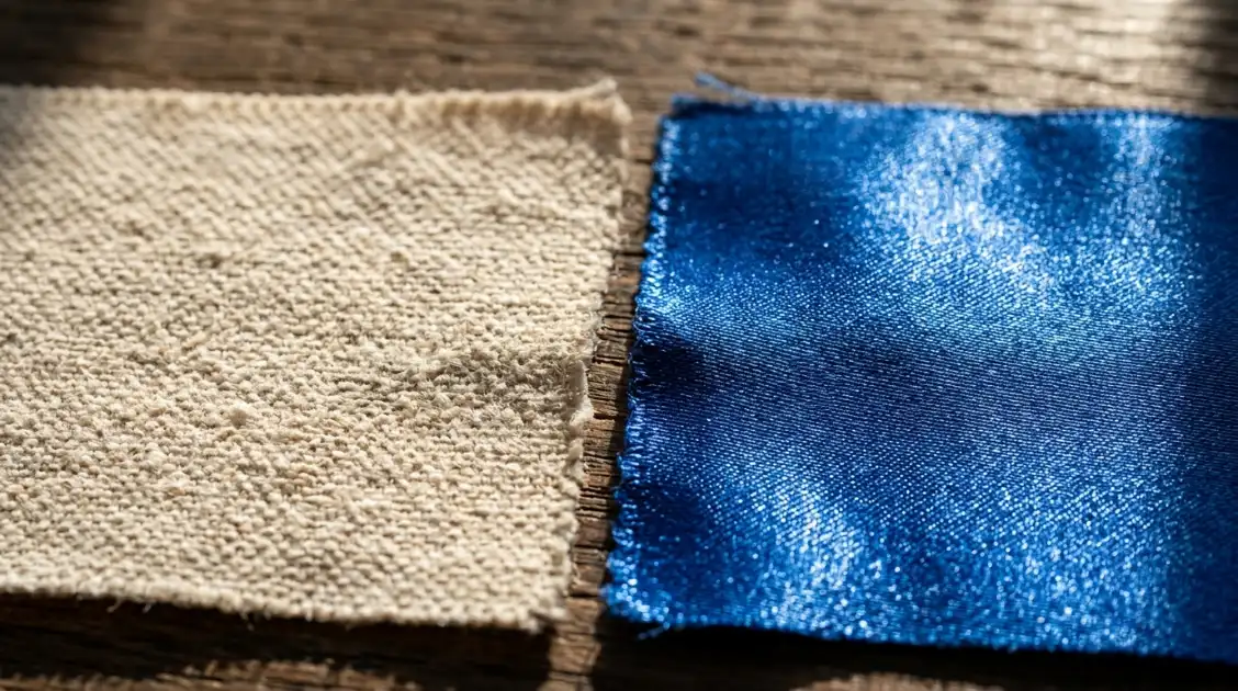 Matte cotton and glossy silk compared to show which fabric stays quiet when you move