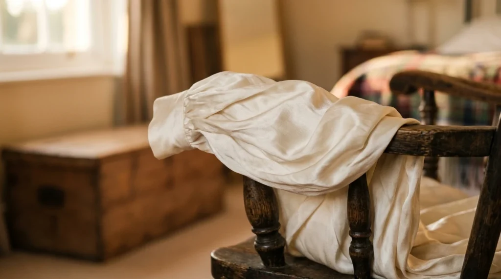 Ivory silk blouse catching evening light across the sleeve