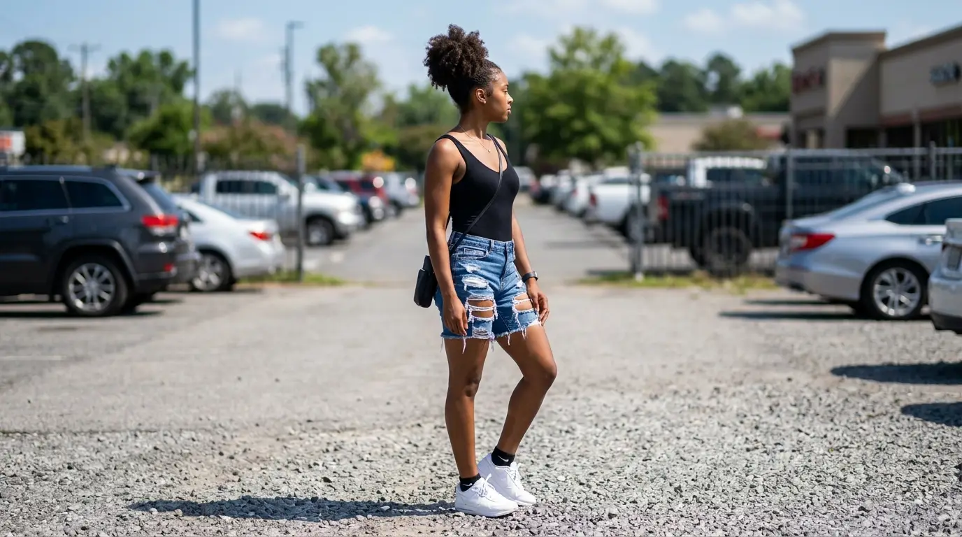 Tailgate outfits for black women using a fitted bodysuit with ripped shorts and sneakers