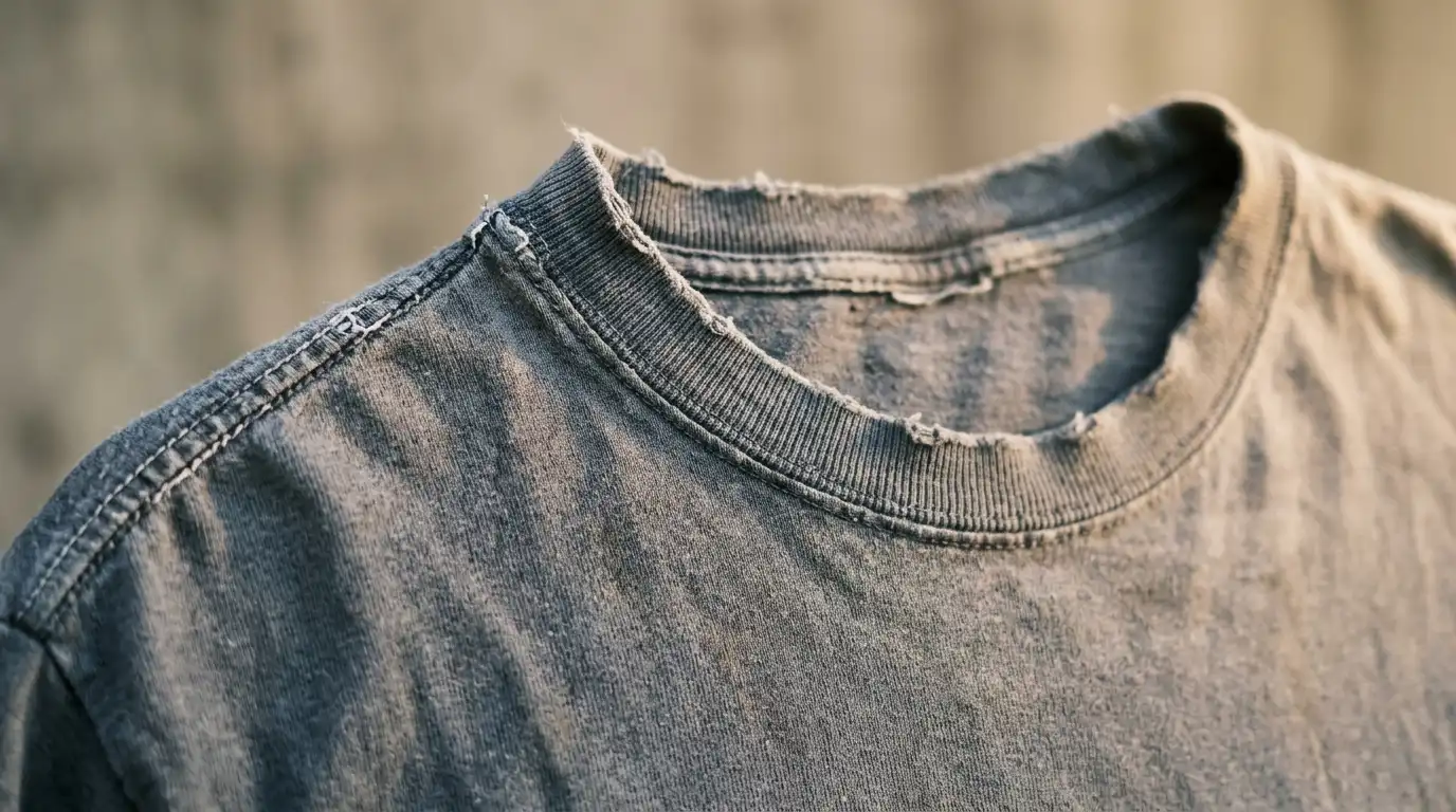 A well worn band tee with a softened collar rather than a crisp new shirt