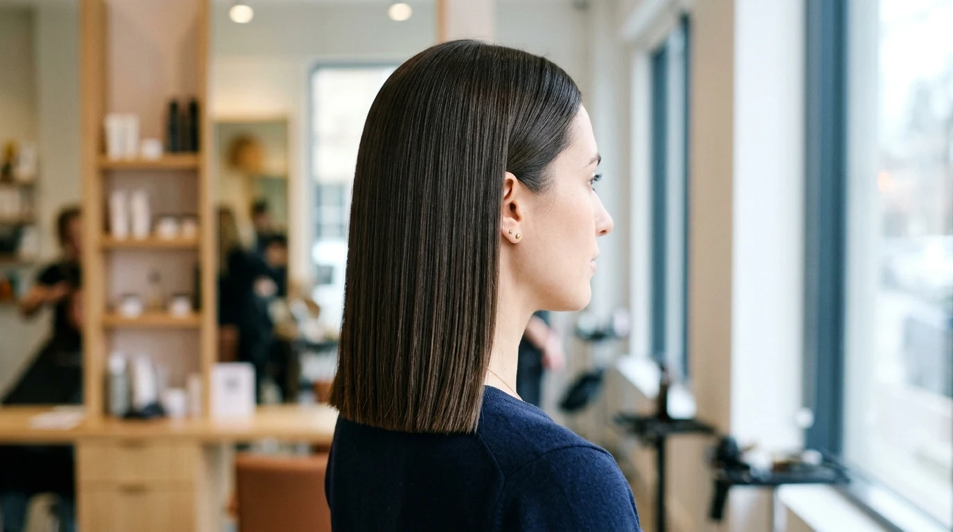 A blunt long bob with clean horizontal ends falling below the jaw