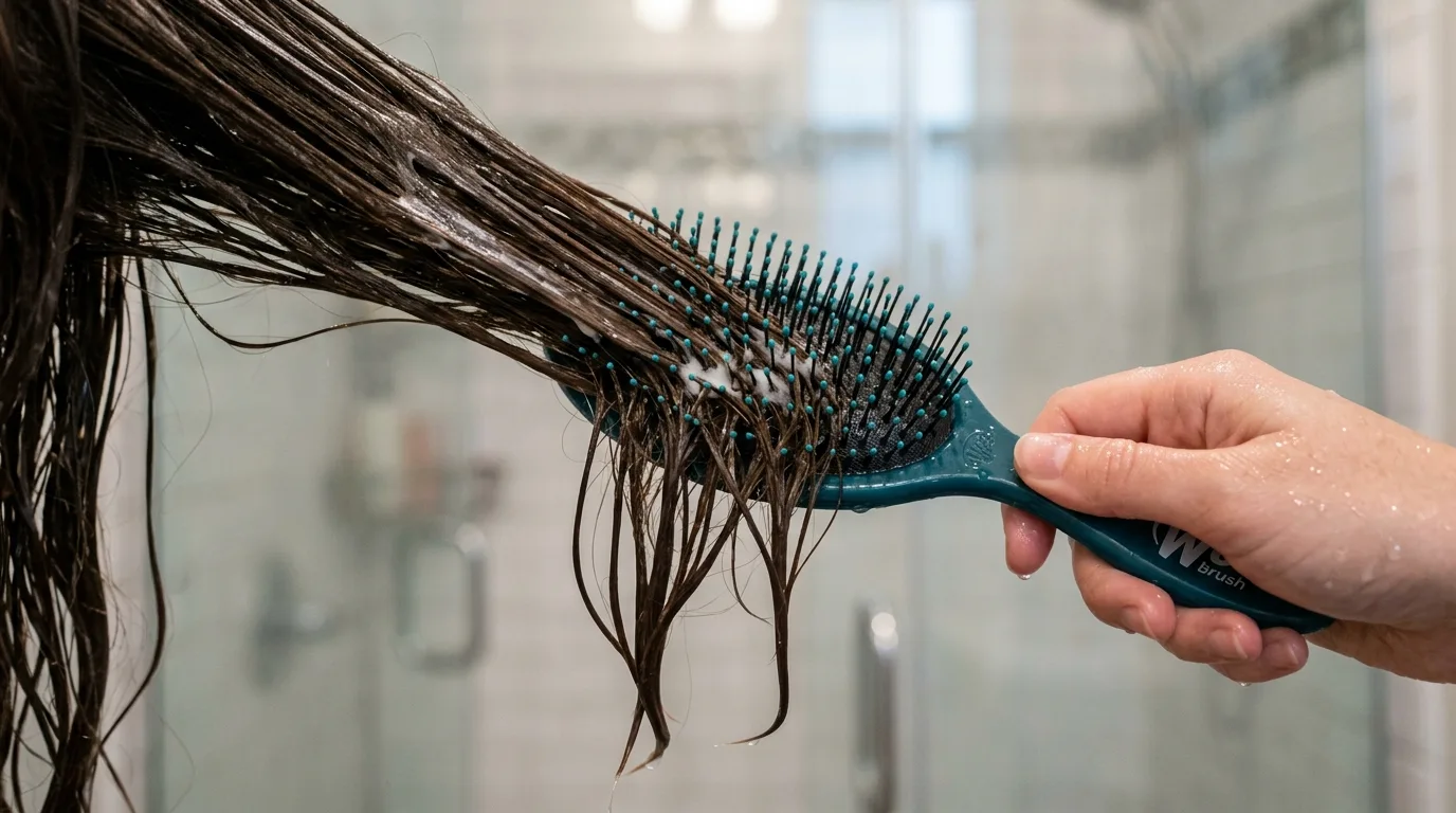 A detangling brush worked through wet conditioned hair from the ends upward
