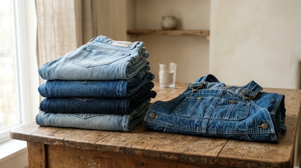 Thrifted denim and overalls stacked as inexpensive base pairs for decorating

