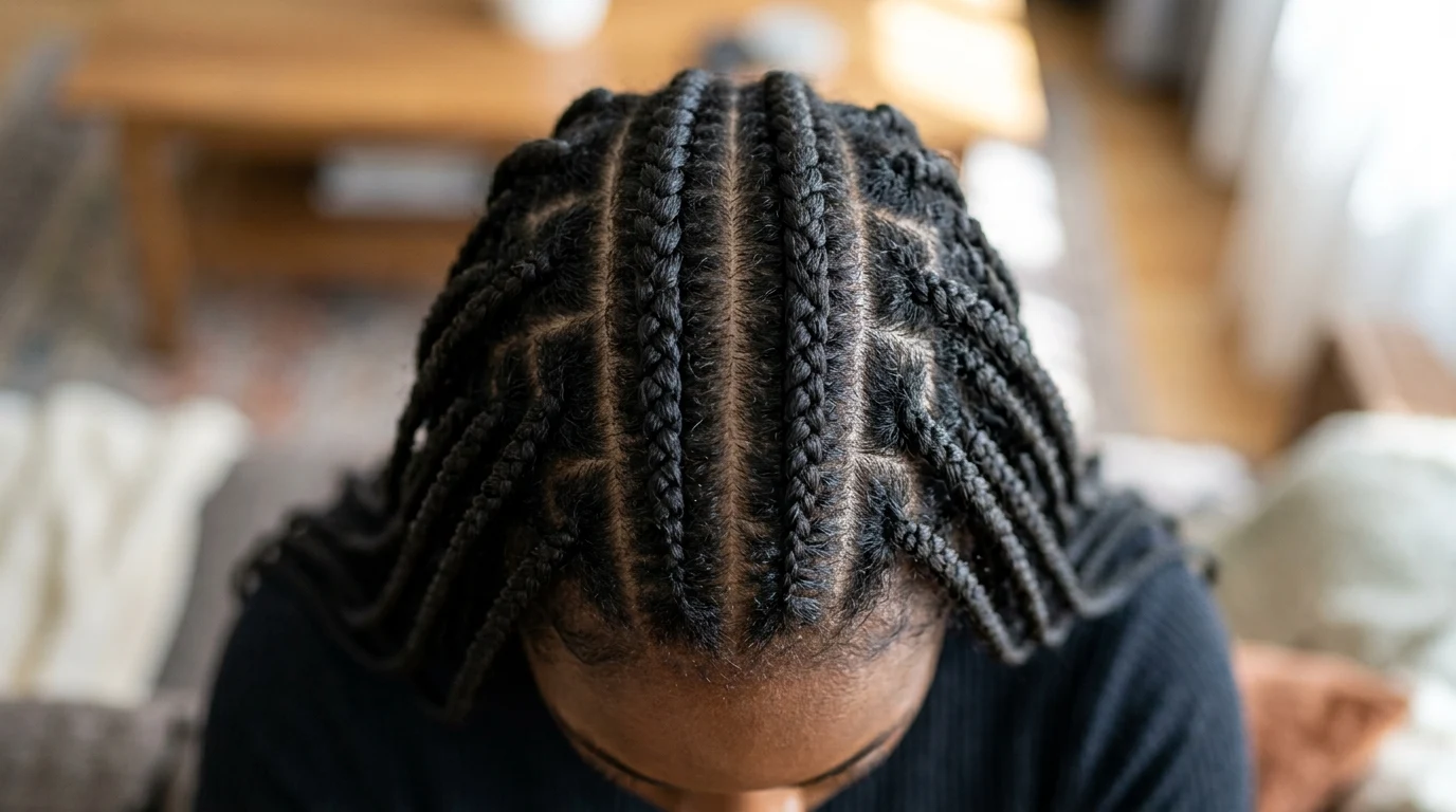 Two parallel centre cornrows with braids falling to either side