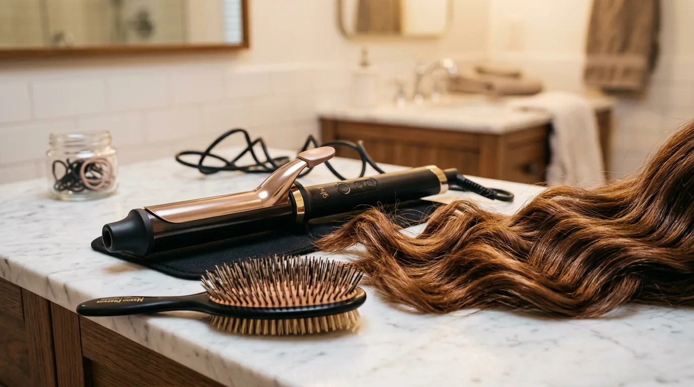 A large barrel iron and brush laid out for creating soft brushed out waves