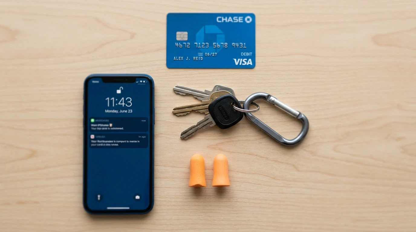 Phone card keys and earplugs laid out as the minimum to carry