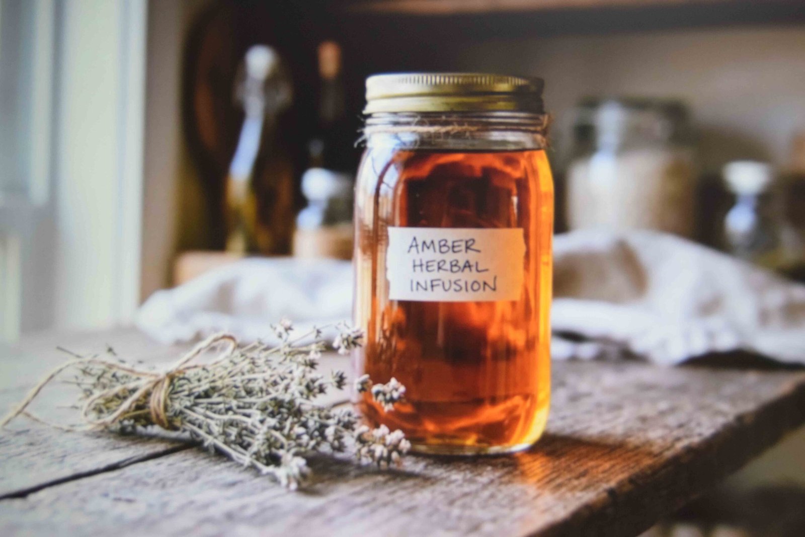 A finished quart of strained spiced vinegar resting on a kitchen shelf