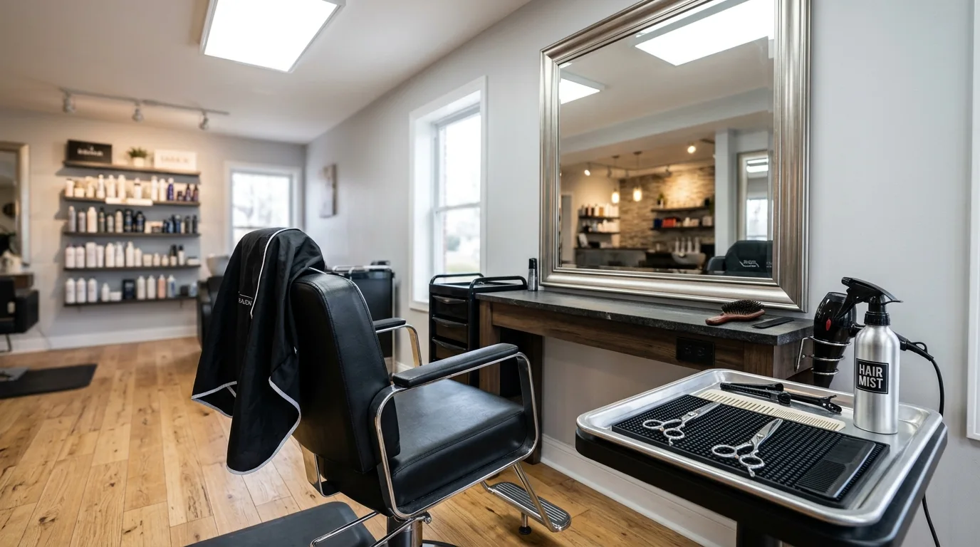 An empty salon station set up before a haircut appointment