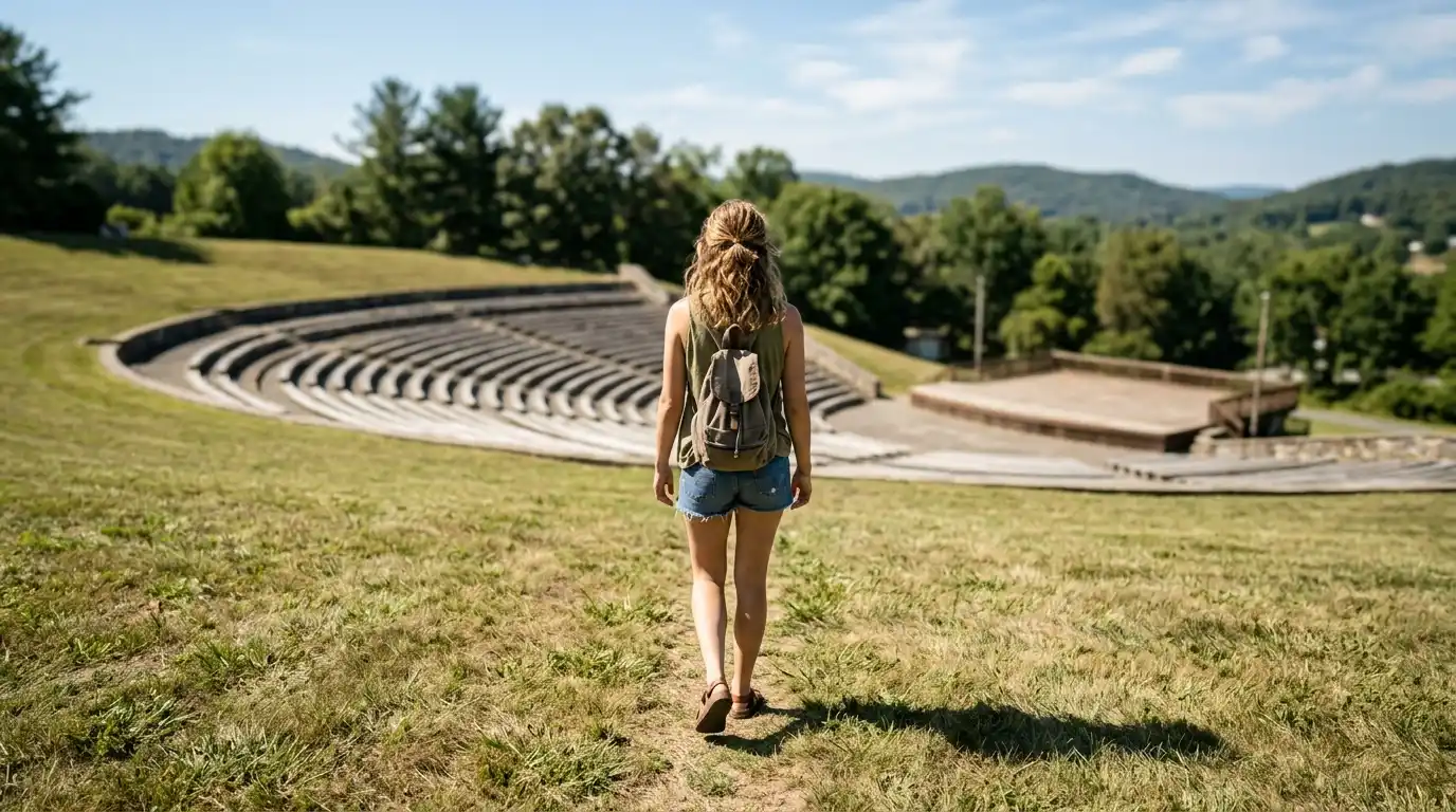 A loose cotton tank and cutoffs worn on an open amphitheatre lawn
