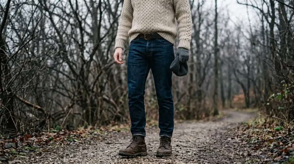Wool sweater front tucked into dark denim for wide leg jeans in winter