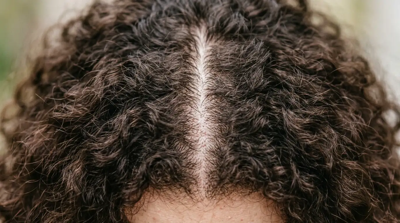 A parting in curly hair used to judge density by how much scalp shows