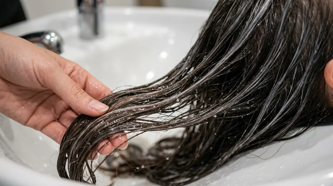 Acidic gloss treatment being rinsed through dark brown and silver hair at a salon basin.