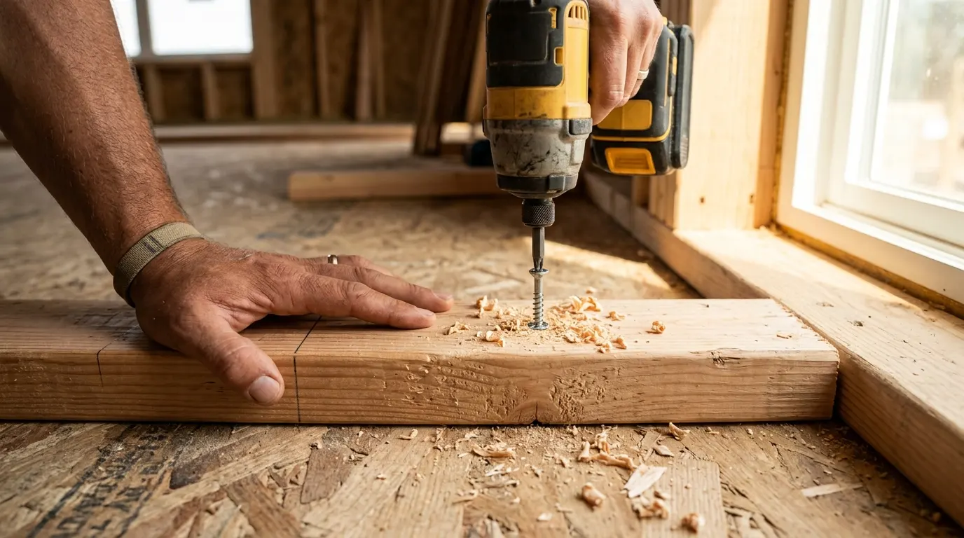 Securing a two-by-four wooden base plate to the subfloor with construction screws.