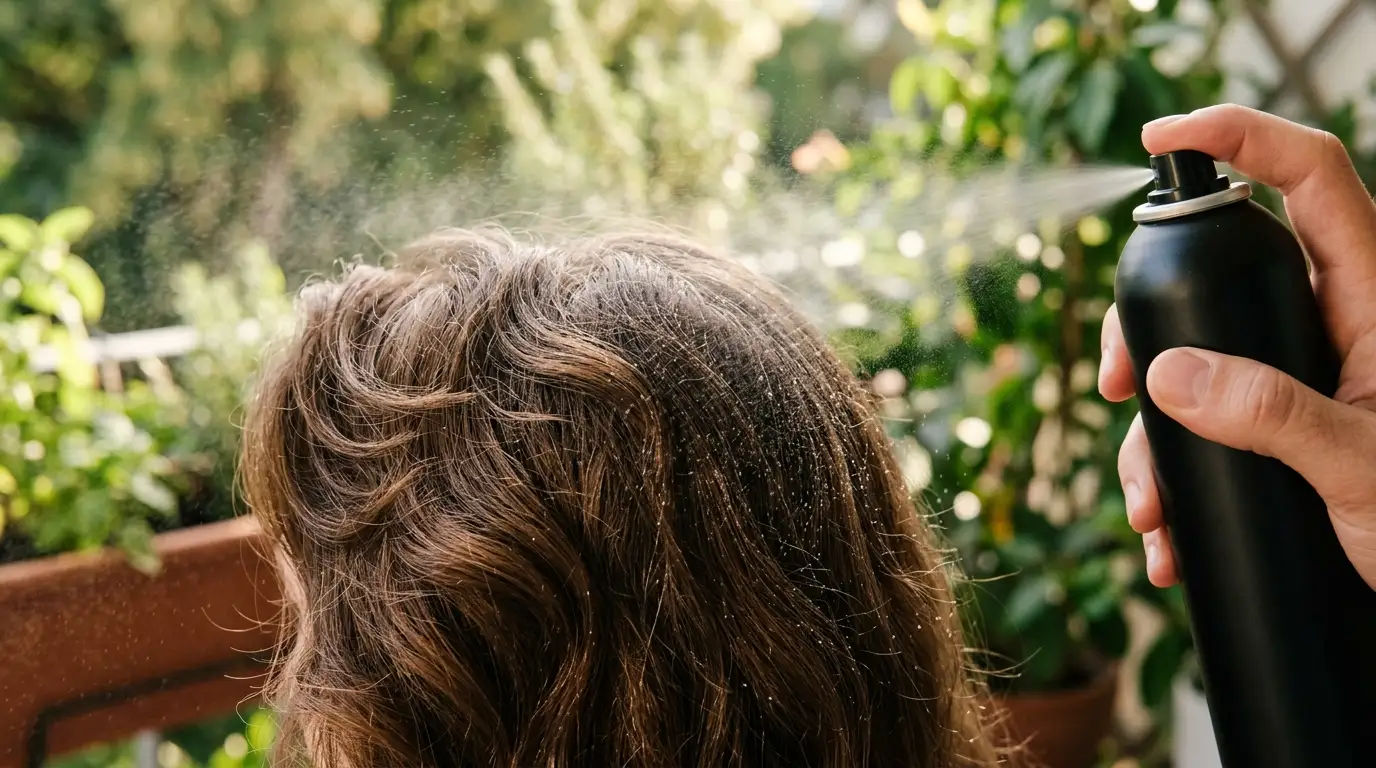 Fine mist of anti-humidity finishing spray sealing lifted hair roots against summer humidity.