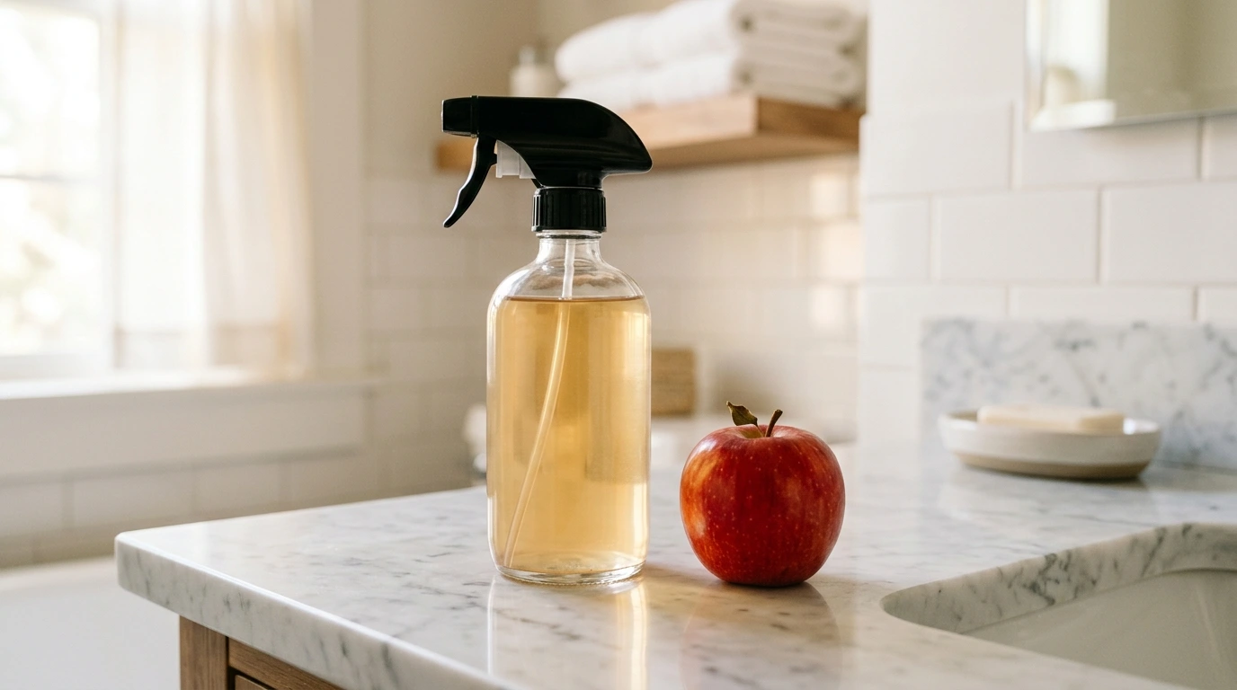 Glass spray bottle filled with diluted apple cider vinegar hair rinse on a bright marble vanity.