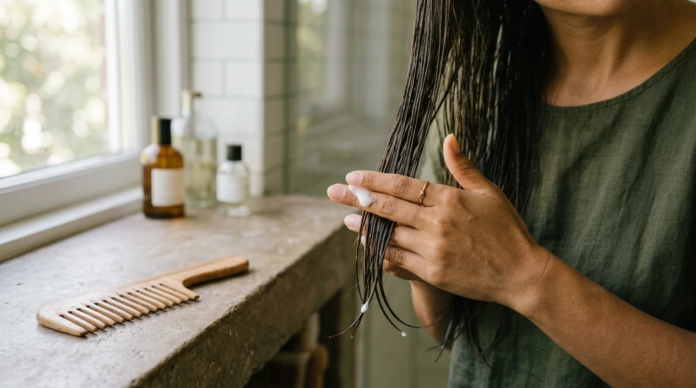 Applying lightweight conditioner strictly to the lower ends of damp straight hair.