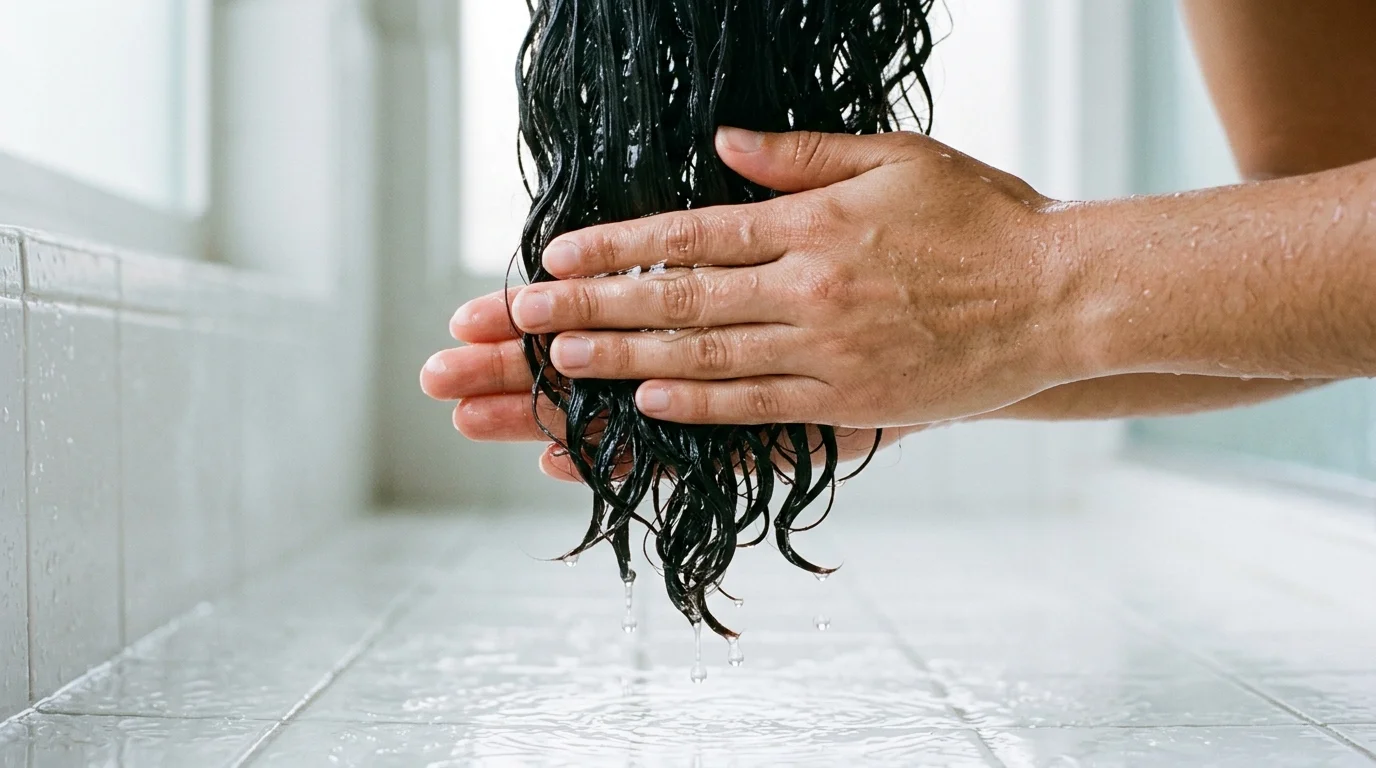 Flat hands smoothing clear hair gel downward over dripping wet wave strands.