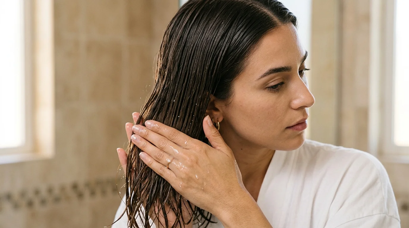 Applying a peptide bond repair treatment to damp hair strands after lightening.