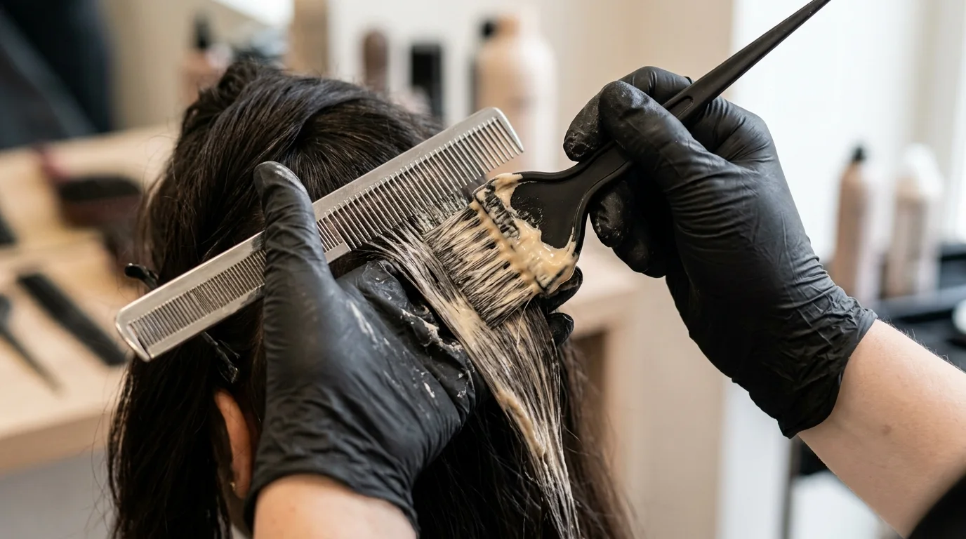 Detailed view of applying creamy hair toner to saturated hair strands with a tint brush.