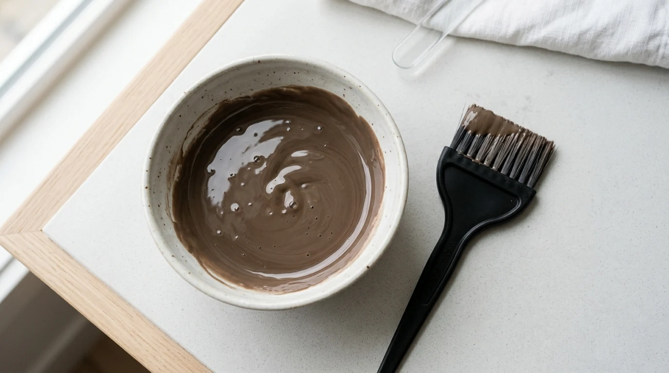 Ceramic bowl filled with glossy ash brown demi-permanent toner and a brush