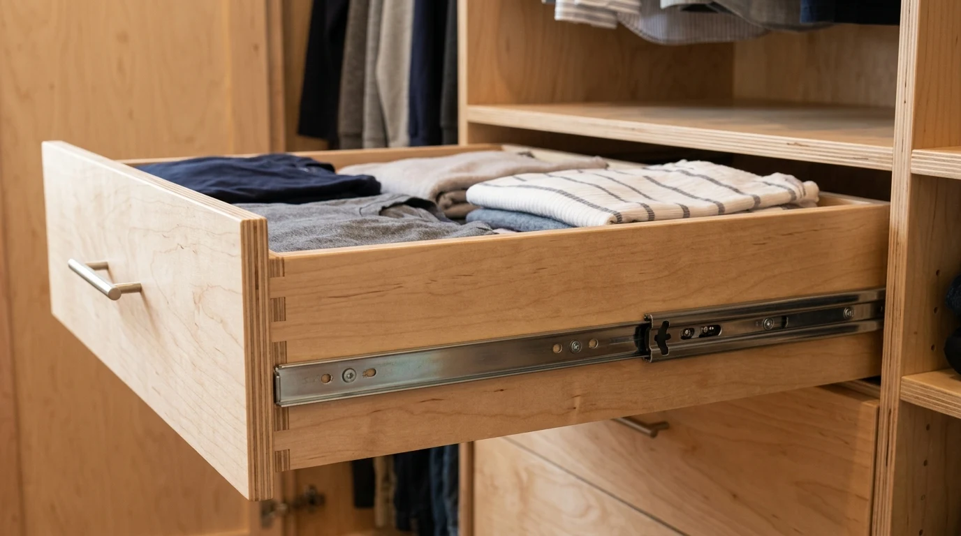 Fitting plywood drawer boxes onto ball-bearing slides inside the closet shelving tower.