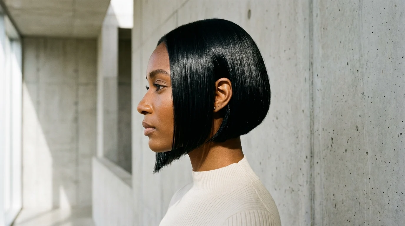 Distinct asymmetrical angled bob showing dramatic diagonal length across the jawline.