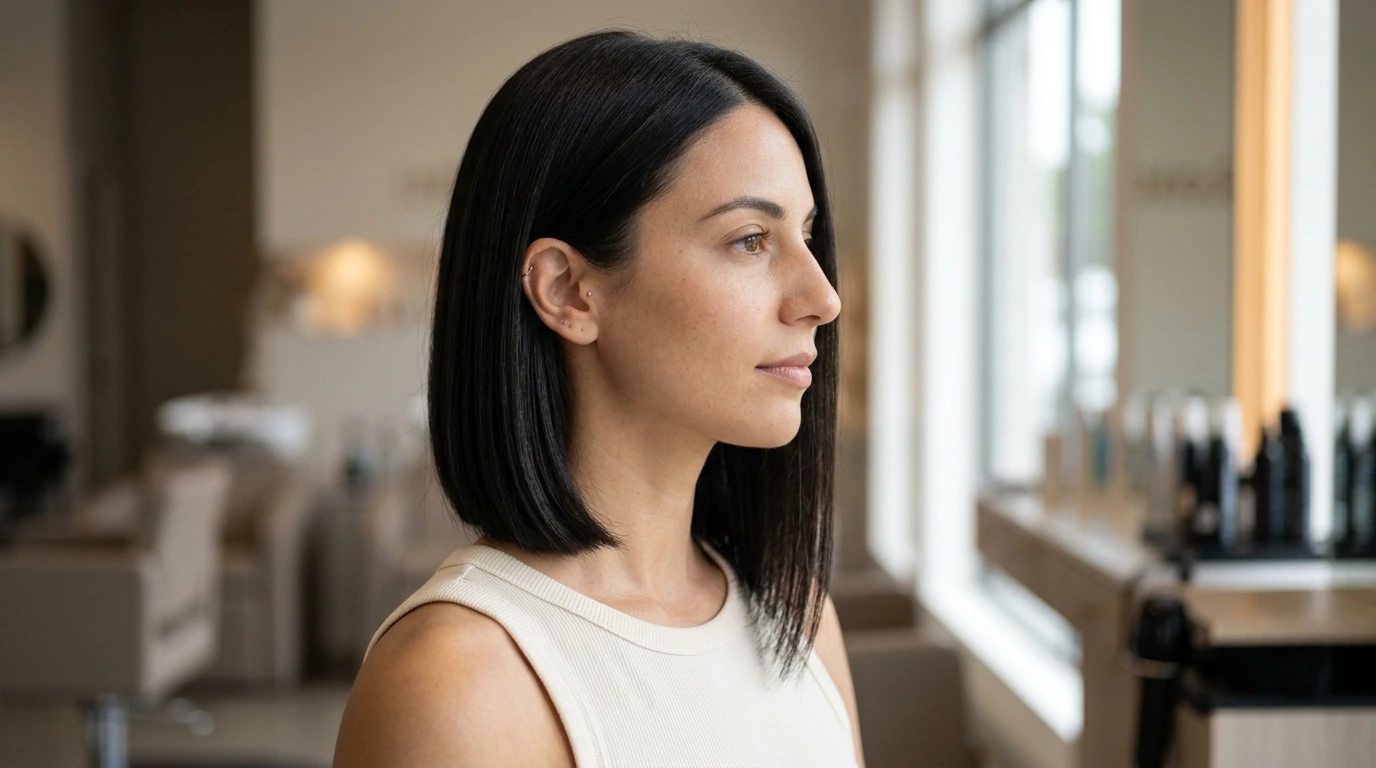 An asymmetrical blunt lob haircut on fine hair designed to elongate round face shapes.