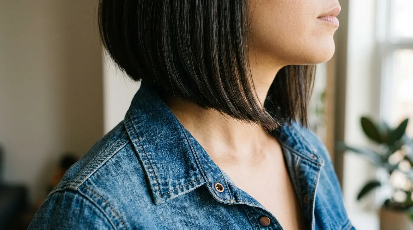 Asymmetrical lob ending below the collarbone to elongate a round face silhouette.