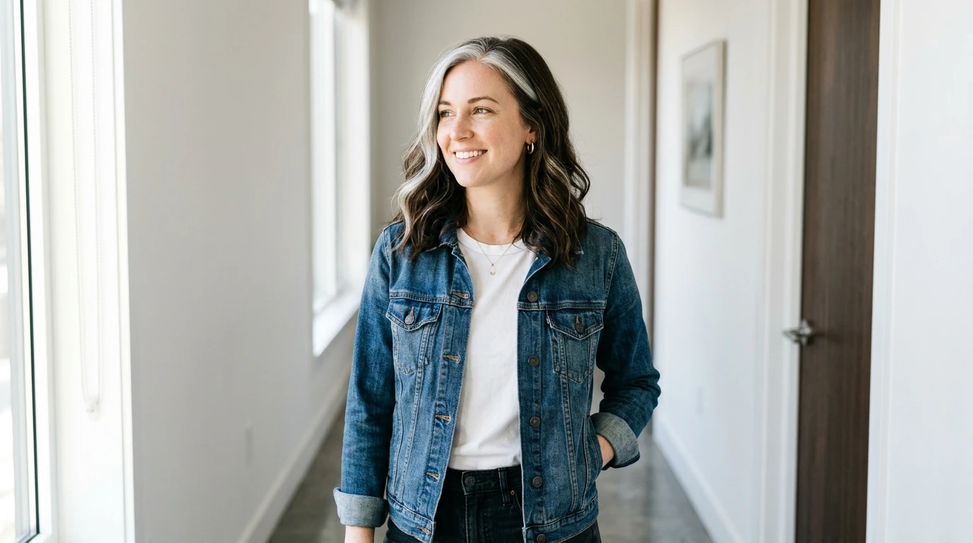 Asymmetrical silver streak at the temple balanced with rich brunette lowlights.