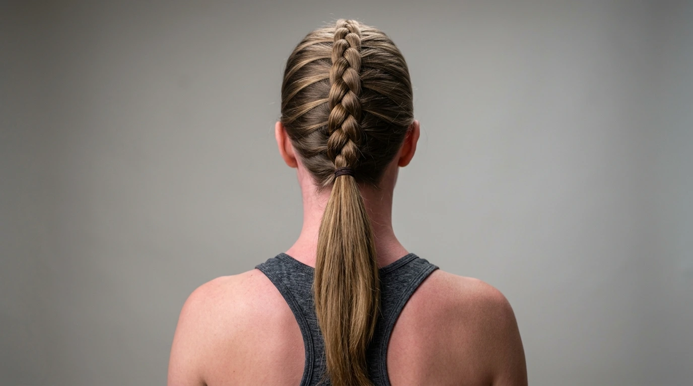 Symmetrical French braid secured tightly against the scalp for active workouts.