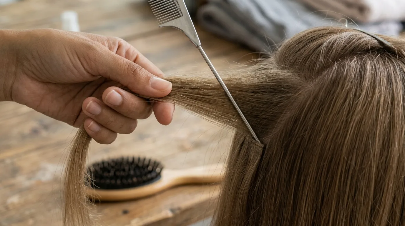 A tail comb creating a gentle backcombed root cushion over hair extension tracks for volume.