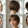 A six box collage showing various short haircut styles that give body to thin hair.