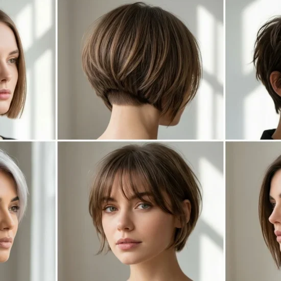 A six box collage showing various short haircut styles that give body to thin hair.