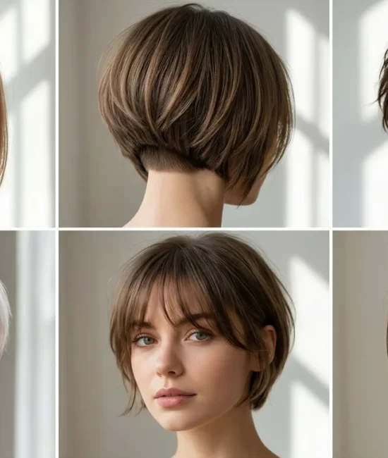 A six box collage showing various short haircut styles that give body to thin hair.
