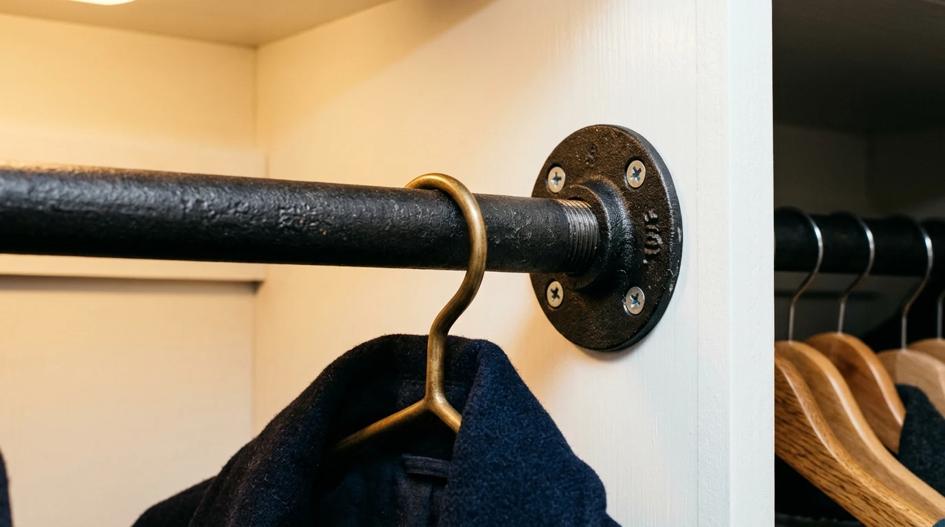 Threaded black iron pipe flange mounted as a heavy-duty closet hanging rod.