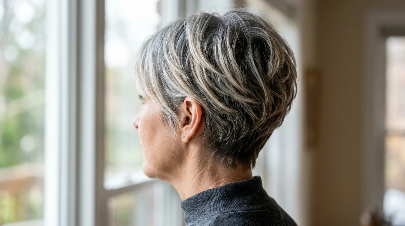 Textured short haircut blending natural silver roots with frosted chai beige highlights