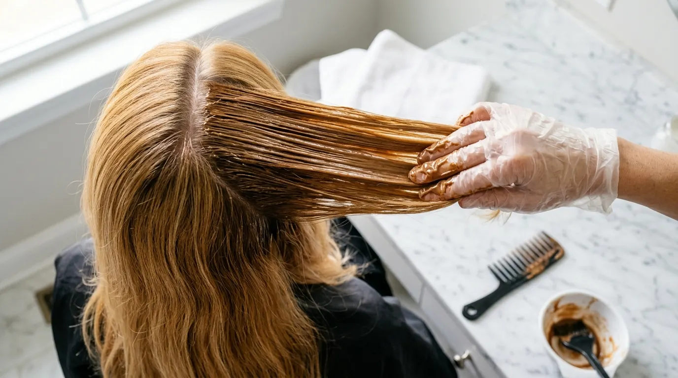Applying warm brown demi-permanent color to dark blonde hair sections to prevent green undertones.