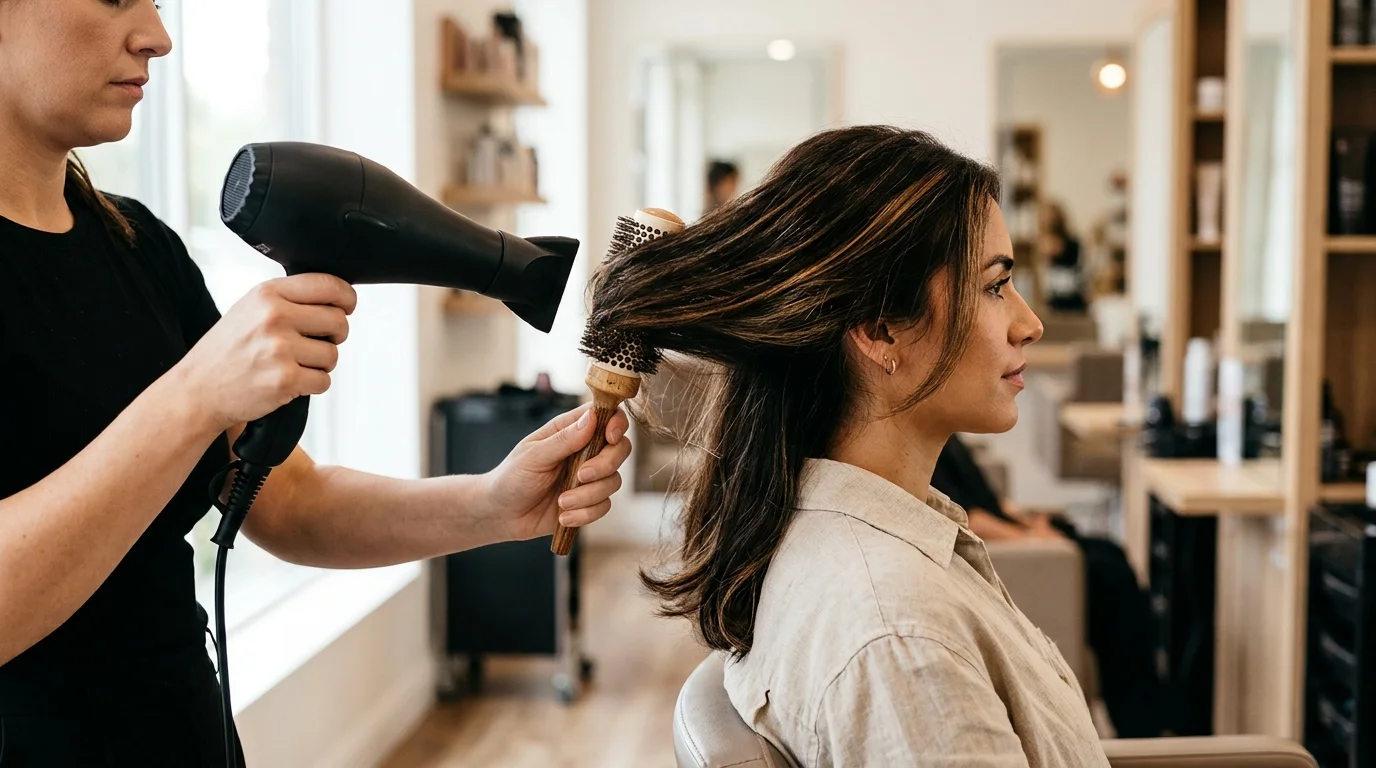 Blow drying dark brown hair with a round brush using thermal protection