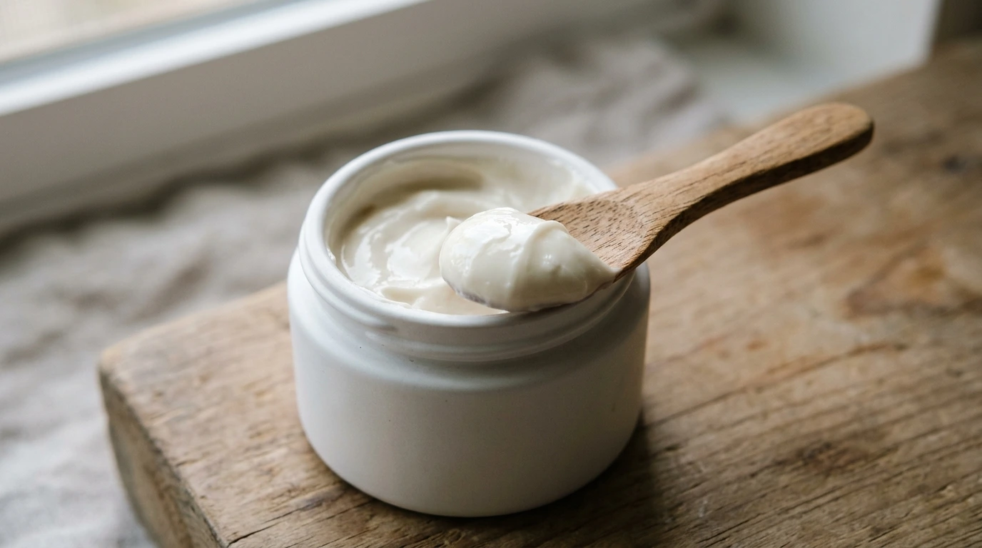 White ceramic jar of hair repair mask with a creamy dollop on a spatula