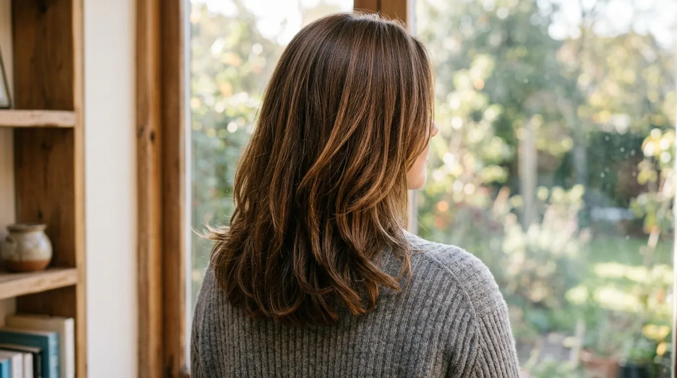 Shoulder length brunette hair showing natural strand texture and tone variations