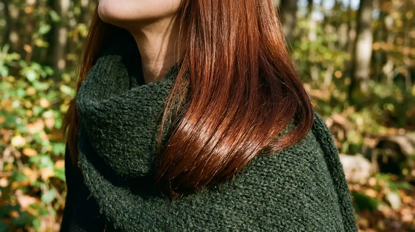 Smooth shoulder length burnished auburn hair with chestnut and rich red reflects
