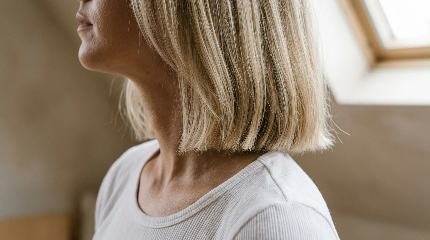 Blunt collarbone length buttercream blonde hair showing multi-dimensional pale gold tones