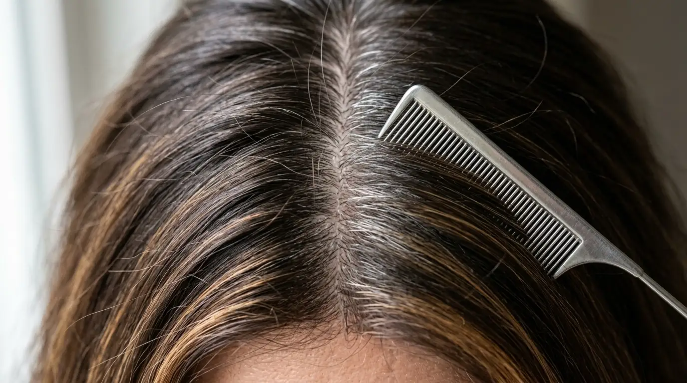 Close up view of soft caramel blended highlights through silver roots