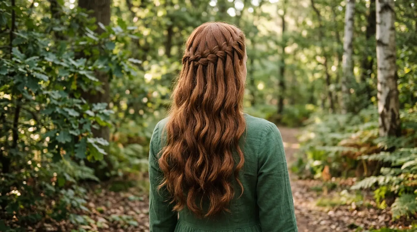 Waterfall braid creating a cascading horizontal pattern across thick wavy hair.