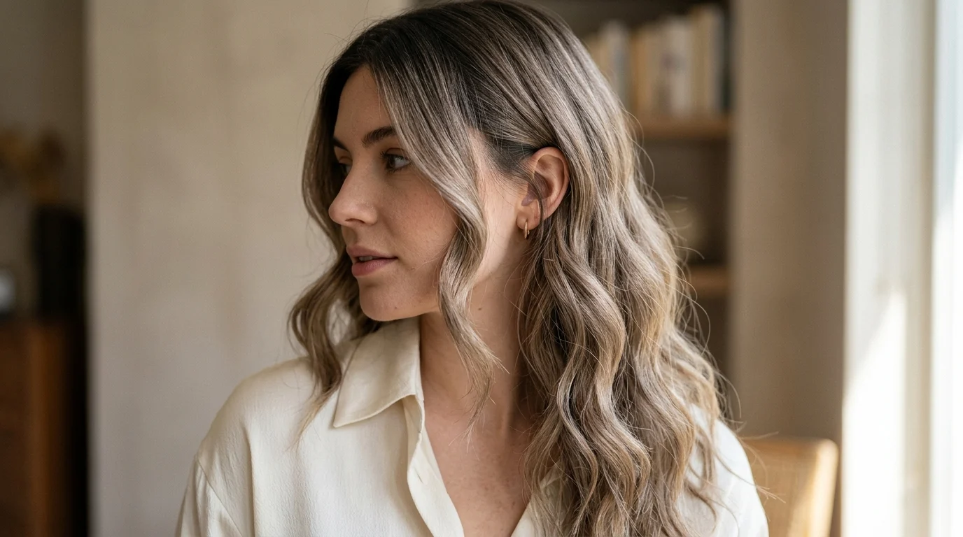 Loose waves of cashmere sandstone blonde hair with soft natural root shadow