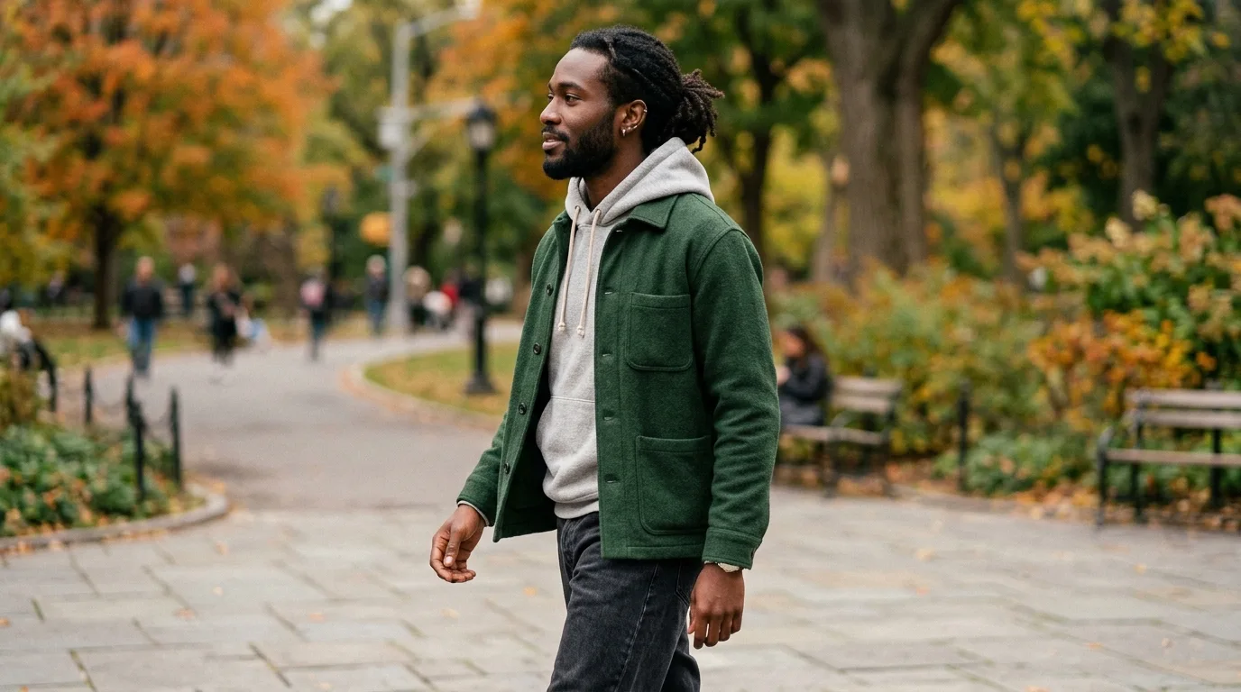Casual layered weekend outfit with a grey hoodie, green chore jacket, and dark jeans.