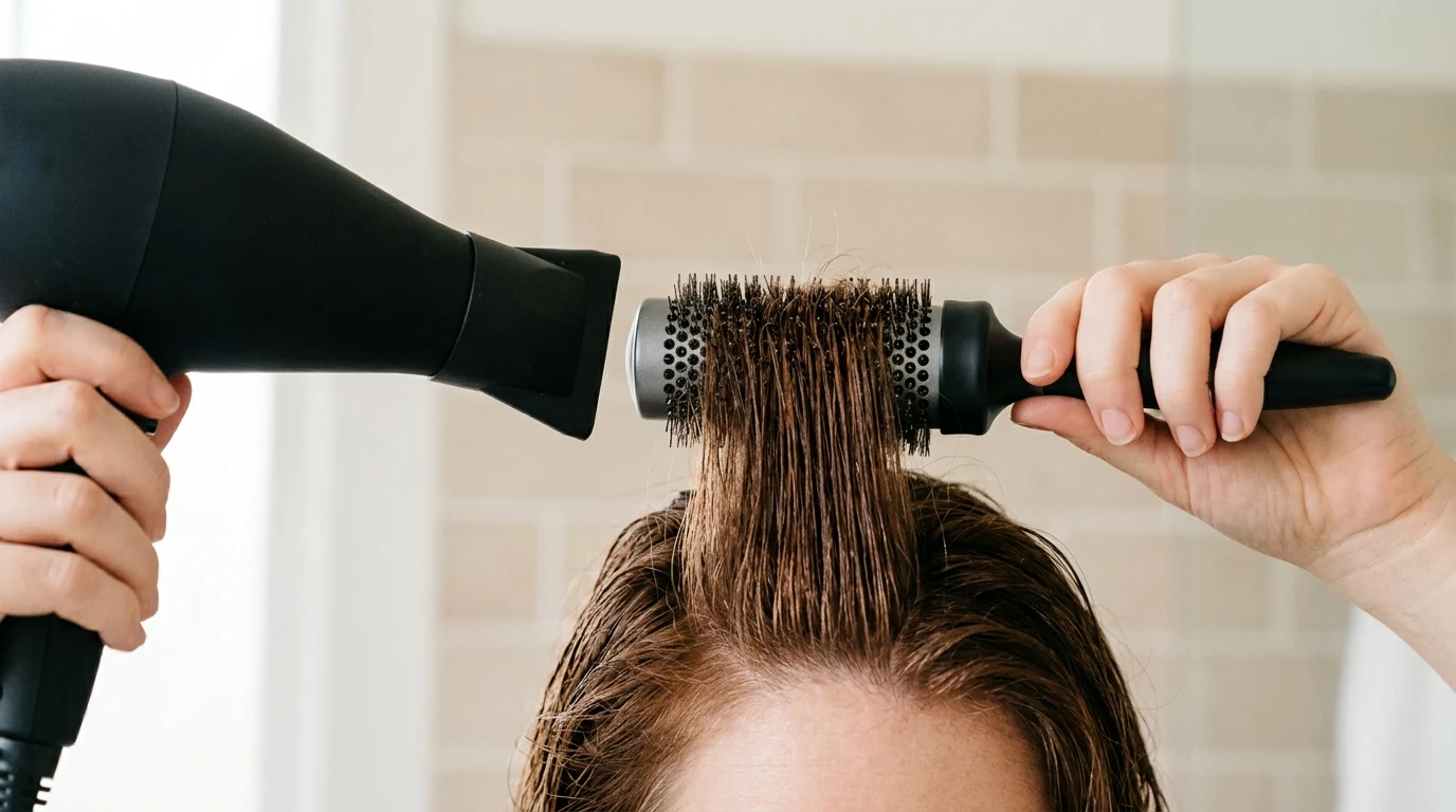 Ceramic round brush lifting root hair at the crown during a blowout.